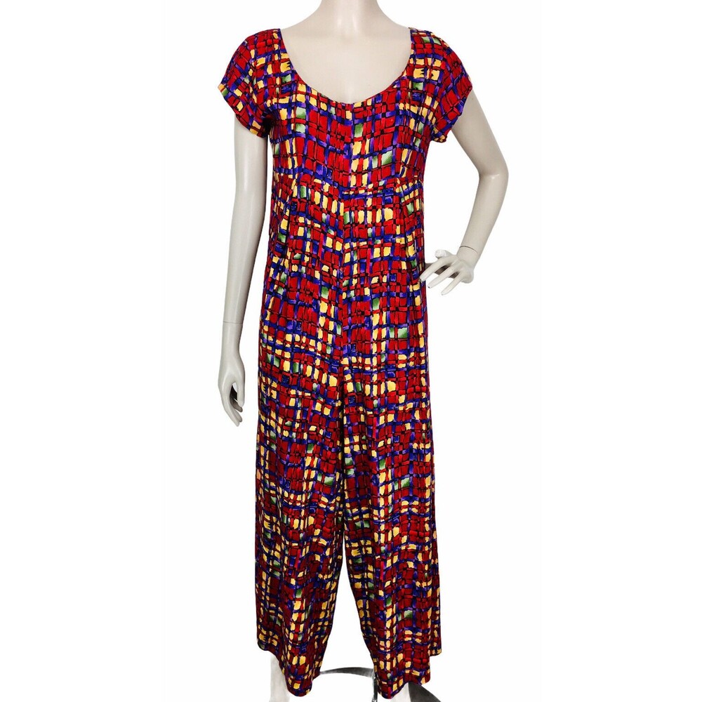 Vintage 60s Colorful Geometric Wide Leg One Piece Jumpsuit Pantsuit S/M